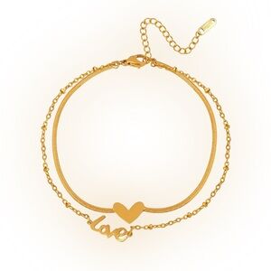 Golden Double Chain Ankle Bracelet with Heart and Love Charm